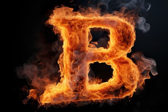 3D letter B in blazing fire on black background