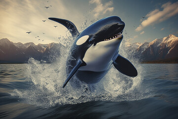 Impressed by the power of killer whales that swim and jump freely in the ocean. Generative AI.
