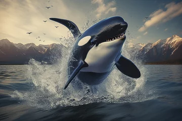 Wall murals Orca Impressed by the power of killer whales that swim and jump freely in the ocean. Generative AI.