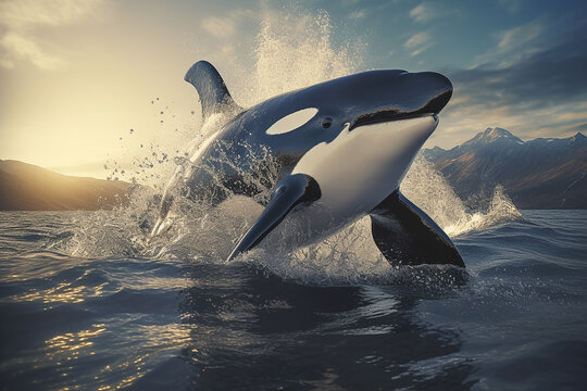 Impressed by the power of killer whales that swim and jump freely in the ocean. Generative AI.