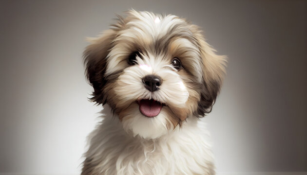 Portrait of Beautiful happy havanese puppy dog on the white background with copy space, portrait of a black and white dog Ai generated image 