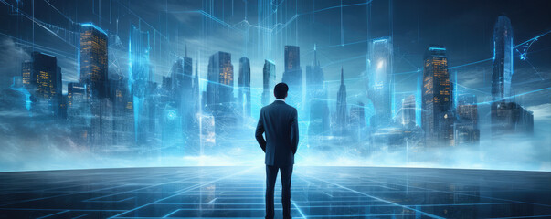 Bussiness man with futuristic digital tablet. Blue dark background