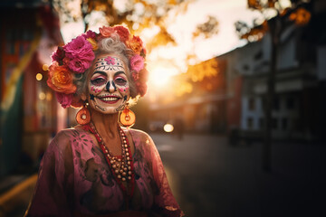 Obraz na płótnie Canvas Smiling elderly woman with sugar skull makeup and with flower hat outdoors. Dia de los muertos. Day of The Dead. Copy space.