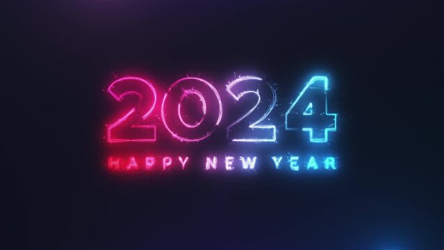 Happy New Year 2024 neon red blue streak particles bokeh background new year resolution concept.