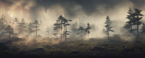 forest with trees covered in misty fog.