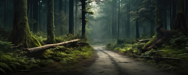 View of path through misty fog forest, Forest road concept.