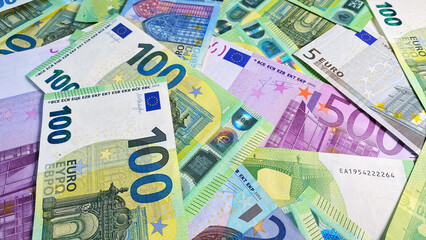 Fototapeta na wymiar Banknotes of 500, 100 and 20 euros. Cash banknotes of different denominations. European currency. The single currency of the European Union.