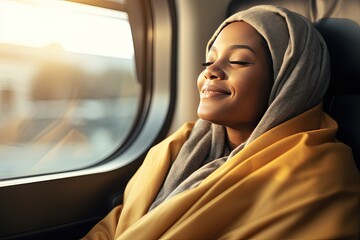Journey alone with yourself and your thoughts. A young muslim woman rides a train, smiling thoughtfully, looking out the window. Digital detox and offline concept.