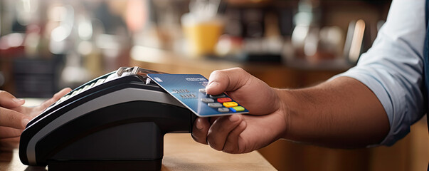 Customer using credit card and pay terminal for payment. panorama photo