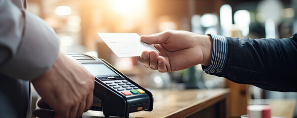 Customer using credit card and pay terminal for payment. panorama photo