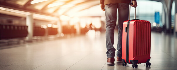 Young man travel with bagagge or suitcase. travel concept.