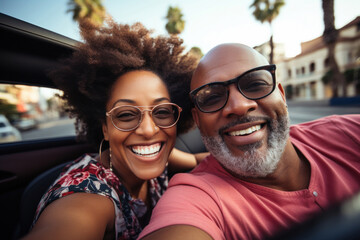 Elegant elderly couple in glasses enjoys car ride, on visit to grandkids, feeling warm affectionate, eager to create cherished memories summertime with family vacation. Generated by AI.