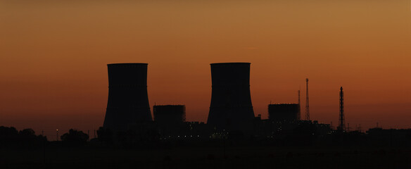 Belarusian nuclear power plant at sunset