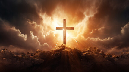 Wooden cross of Jesus Christ faith religion standing on a hill during sunrise cloudy sky with a path road. 