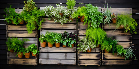 Fototapeta na wymiar Gardening for wall decoration as shelf for flowerpots garden with planters made of recycled woods