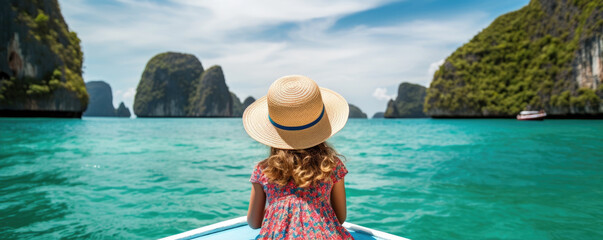 Rear view of young girl with hat and summer dres sitting on boat. copy space for text.