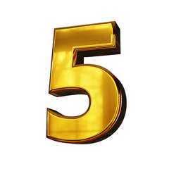 3D Number Five 5 Gold Transparent Background, Golden Shiny Alphabet 3D Render