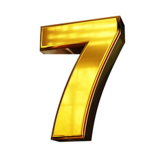 3D Number Seven 7 Gold Transparent Background, Golden Shiny Alphabet 3D Render