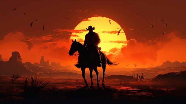 A cowboy riding a horse during sunset. Rider silhouette.