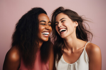 Two happy friends. Women laugh. AI generated