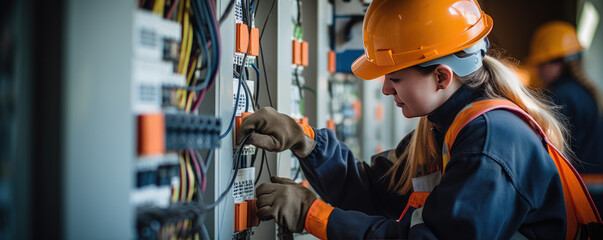 electrician woman installing a electric switchboard system, - obrazy, fototapety, plakaty