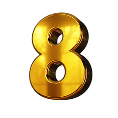 3D Number Eight 8 Gold Transparent Background, Golden Shiny Alphabet 3D Render