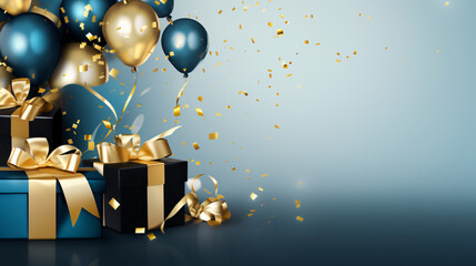 Holiday Celebration Background with Blue and Gold Balloons, Gift Boxes, and Confetti
