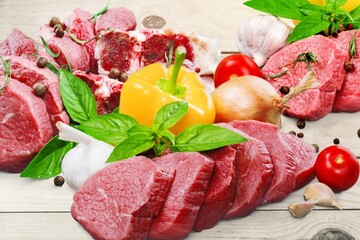 Different types of fresh red raw meat