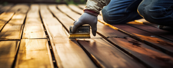 Hands detail of restore wooden terrace. wide banner