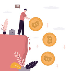 Investor throwing bitcoins into abyss. Refusal to use cryptocurrencies. Government bans blockchain technology and crypto exchanges. Fall in price of bitcoin.