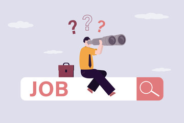 Businessman sitting on search bar and looks through spyglass. Online job search, unemployment. Male applicant looking for vacancies. Recruiting process, hiring.