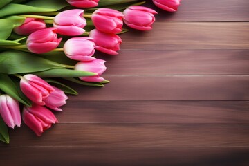 Banner with pink tulips on brown wooden background, greeting card with copy space, Generative AI