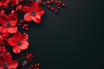 Banner with red flowers on black background, greeting card with copy space, Generative AI