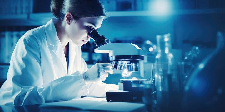 Scientist researcher using microscope in laboratory. Medical healthcare technology and pharmaceutical research and development concept. Generative AI. 