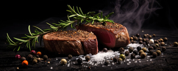 Roe deer grilled steak on dark slate.