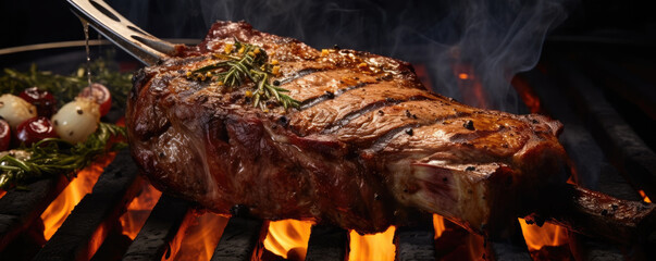 Grilled tomahawk steak top view on wooden background.