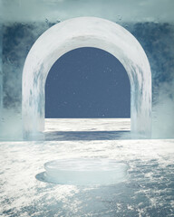 Abstact 3d render winter scene and Natural podium background, Ice podium on the frozen area, Backdrop ice arch for product display, advertising, cosmetic  skincare or etc