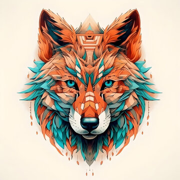 geometric wolf orange teal realistic High Detail