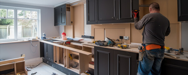 Worker or carpenter installing new modern kitchen.