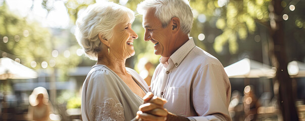 Happy seniros couple dance and smile in the garden.