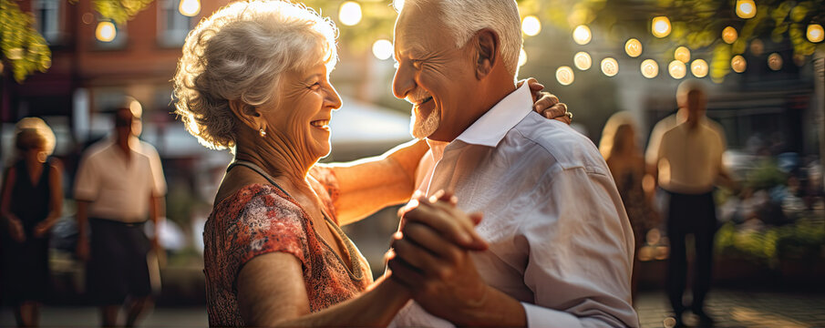 Happy seniros couple dance and smile in the garden.