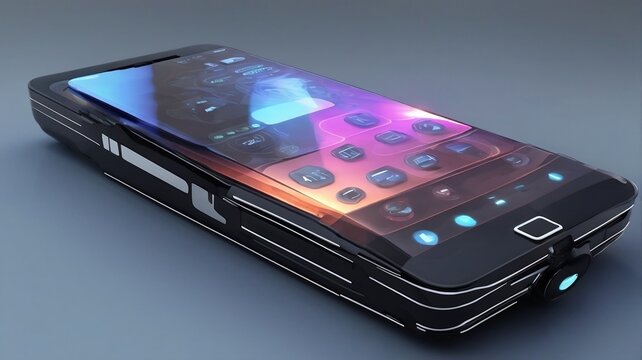 3D futuristic robotic mobile phone with a virtual screen. Device development. Future phone.