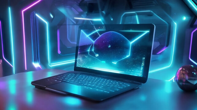 Futuristic 3D Neon computer with a globe on it's screen.