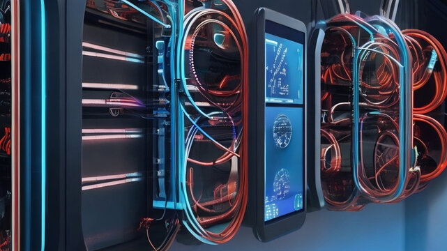 3D Realistic, robotic, futuristic cables and servers on the wall. Technology development.