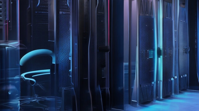 3D Robotic blue virtual tunnel in the night.