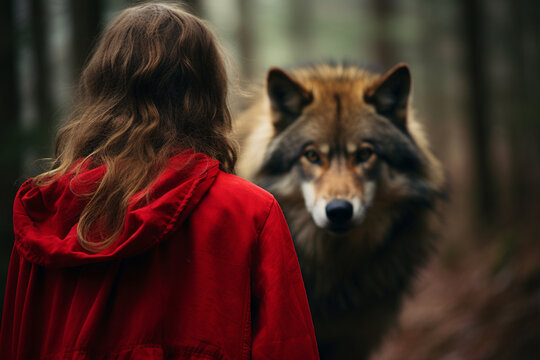 Back view of girl in red cloak with blurry wolk in forest background. Red riding hood fairytale