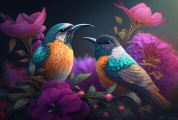 Two beautiful birds above the flowers. generative AI