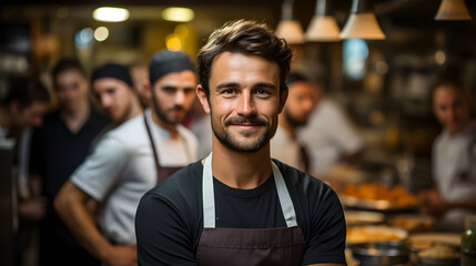 Fototapeta na wymiar Chef at the kitchen. Chef standing confidently with his arms crossed looking at the camera with the team in the background. Generative AI