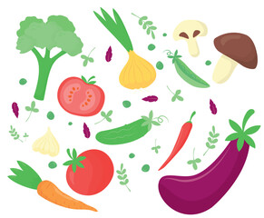 Collection of fresh vegetables. Illustration of fresh food, design elements isolated on white background. Vector illustration set.