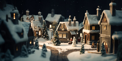 Obraz premium Christmas miniature scene of cozy town with festive buildings, lights, bokeh,toys and decorations for Christmas.New year background.Winter card.Holidays template.magical сinematic effect.Generative A